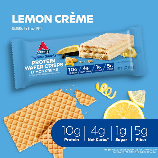 Atkins Lemon Wafer Crisps, Protein Snack, 10G Protein, 4G Net Carbs, 1G Sugar, 5G Fiber, 5 Count