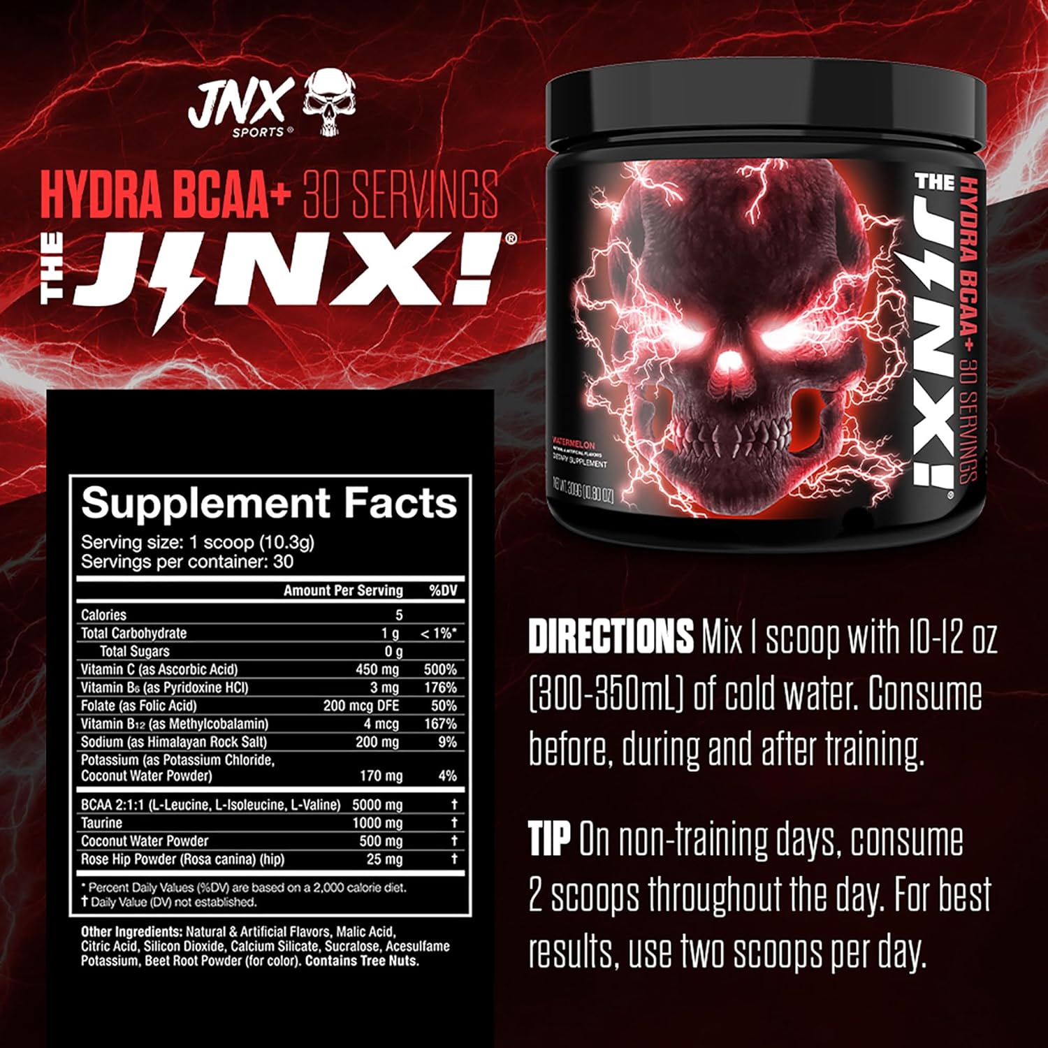 JNX SPORTS The Jinx! Hydra BCAA+ Post Workout Recovery Drink - Hydration with Electrolytes for Men & Women - 30 Serving, Watermelon : Health & Household