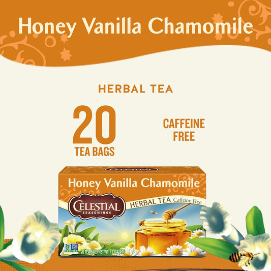 Celestial Seasonings Honey Vanilla Chamomile Herbal Tea, Caffeine Free, 20 Tea Bags Box, (Pack Of 6)