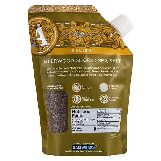 Artisan Salt Company Salish Alderwood Smoked Sea Salt, Fine Grain, Pour Spout Pouch, 16 Ounce