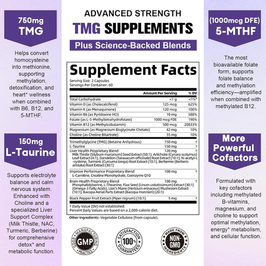 24-In-1 Methylated Multivitamin Tmg Taurine Supplements (Trimethylglycine), Powerful Betaine Anhydrous, W/B Complex, B12, B9, Nac, For Heart, Liver, Brain, 120 Capsules, 60 Day Supply