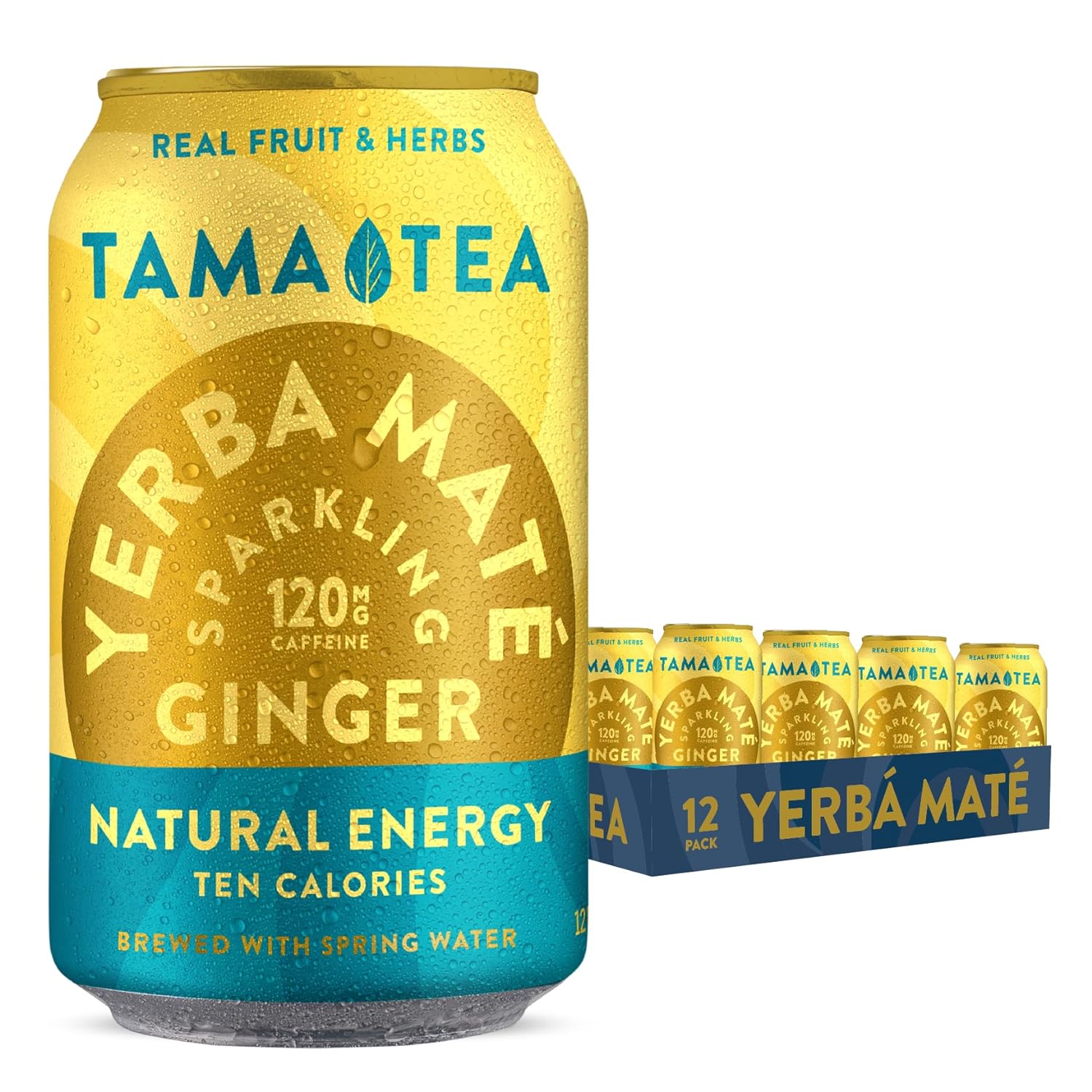 Sparkling Ginger Yerba Mate By Tama Tea - Unsweetened Natural Energy Drink With Real Fruit & Herbs - Healthy Caffeine Drink Alternative - 120Mg Of Brain-Boosting Caffeine, 10 Calories - 12Oz Pack Of 12