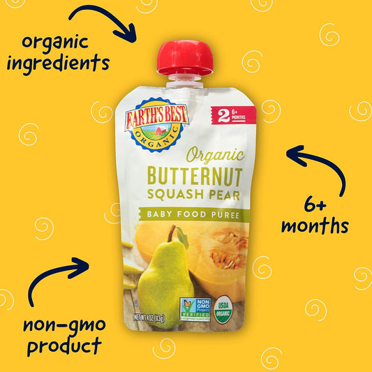 Earth'S Best Organic Baby Food Pouches, Stage 2 Fruit And Vegetable Puree For Babies 6 Months And Older, Organic Butternut Squash And Pear Puree, 4 Oz Resealable Pouch (Pack Of 12)