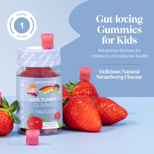 Kids Probiotic Gummies - Probiotics For Children 1 Month Supply Kids Tummy Gummies - Includes Vitamin D & Calcium For Childrens Gut Health - Vegetarian Formula - 30 Chewable Vitamins - By Novomins