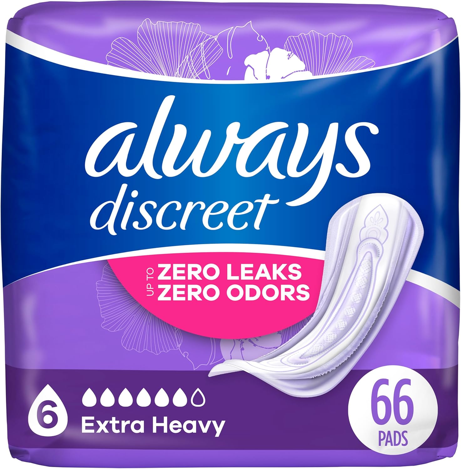 Always Discreet Adult Incontinence & Postpartum Pads For Women, Extra Heavy Overnight Absorbency, Regular Length, 33 Count X 2 Packs (66 Count Total) (Packaging May Vary)