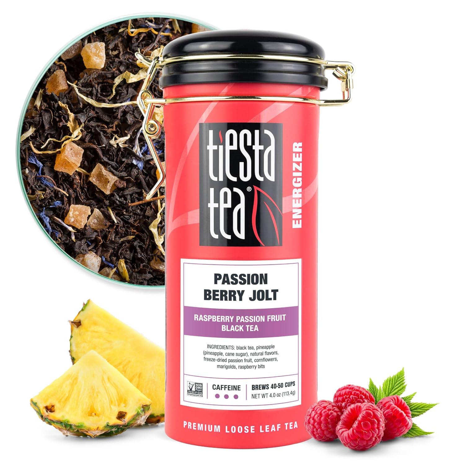 Tiesta Tea - Passion Berry Jolt, Raspberry Passion Fruit Black Tea, Premium Loose Leaf Tea Blends, Caffeinated Black Tea, Make Hot Or Iced Tea & Brews Up To 50 Cups - 4 Ounce Refillable Tin