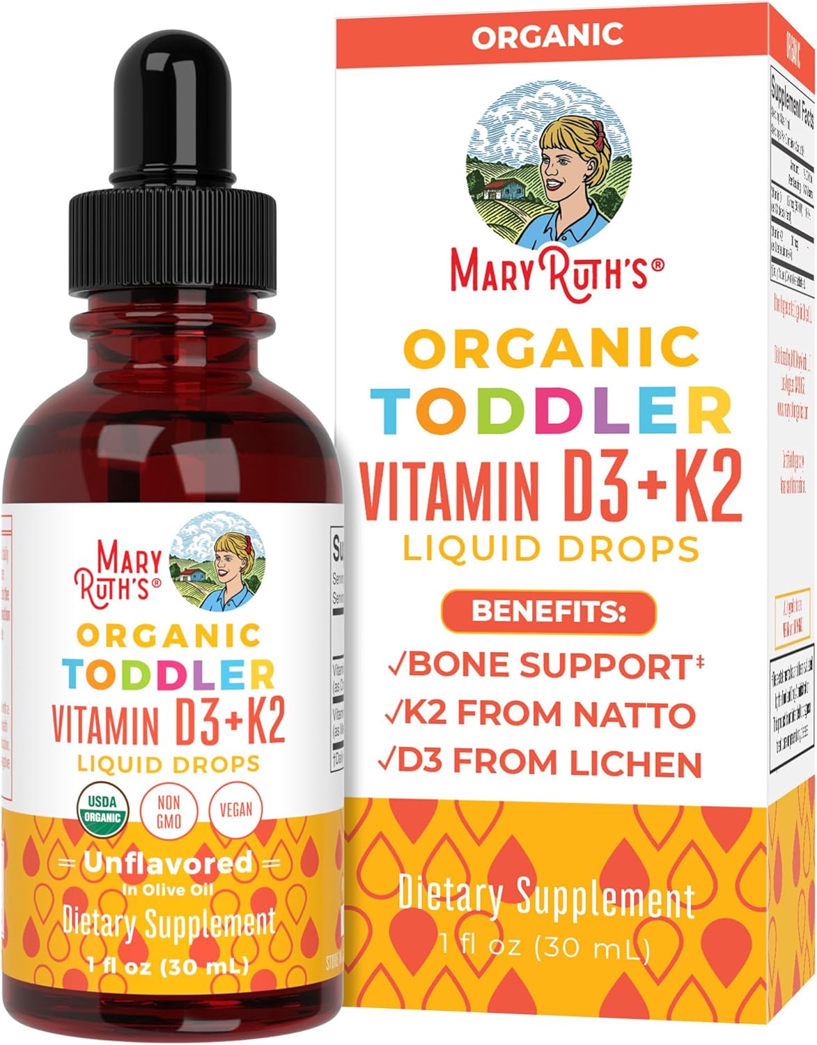 Maryruth Organics Vitamin D3, Vitamin K2, Vitamin D3 K2 Drops, K2 D3 Vitamin Liquid Supplement For Toddlers, Kids Supplement For Calcium Absorption Strong Bones, Vegan, Non-Gmo, Gluten Free, 1 Fl Oz