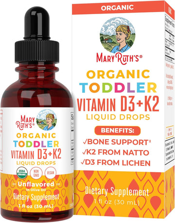 Maryruth Organics Vitamin D3, Vitamin K2, Vitamin D3 K2 Drops, K2 D3 Vitamin Liquid Supplement For Toddlers, Kids Supplement For Calcium Absorption Strong Bones, Vegan, Non-Gmo, Gluten Free, 1 Fl Oz