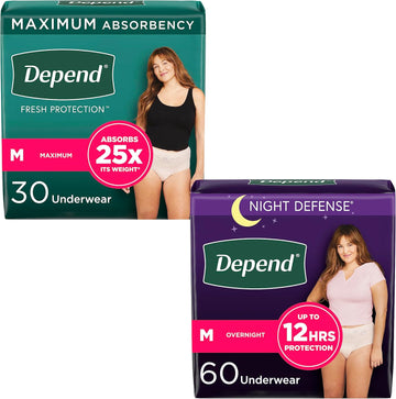 Adult Incontinence Underwear Bundle: Depend Fresh Protection Underwear For Women, Maximum, M, Blush, 30 Count And Depend Night Defense Underwear For Women, Overnight, M, Blush, 60 Count