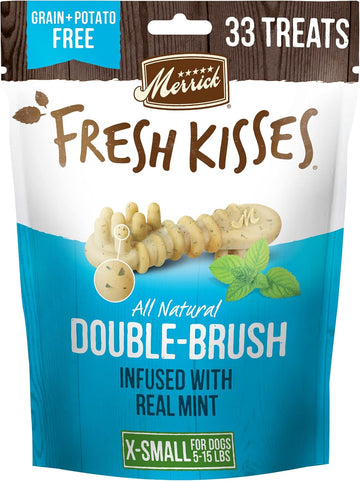 Merrick Fresh Kisses Natural Dental Chews Toothbrush Treat Shape Infused With Real Mint For Tiny Dogs 5-15 Lbs - 33 Ct. Bag