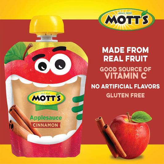 Mott'S Cinnamon Applesauce, 3.2 Oz Clear Pouches, 48 Count (4 Packs Of 12), No Artificial Flavors, Good Source Of Vitamin C, Nutritious Option For The Whole Family