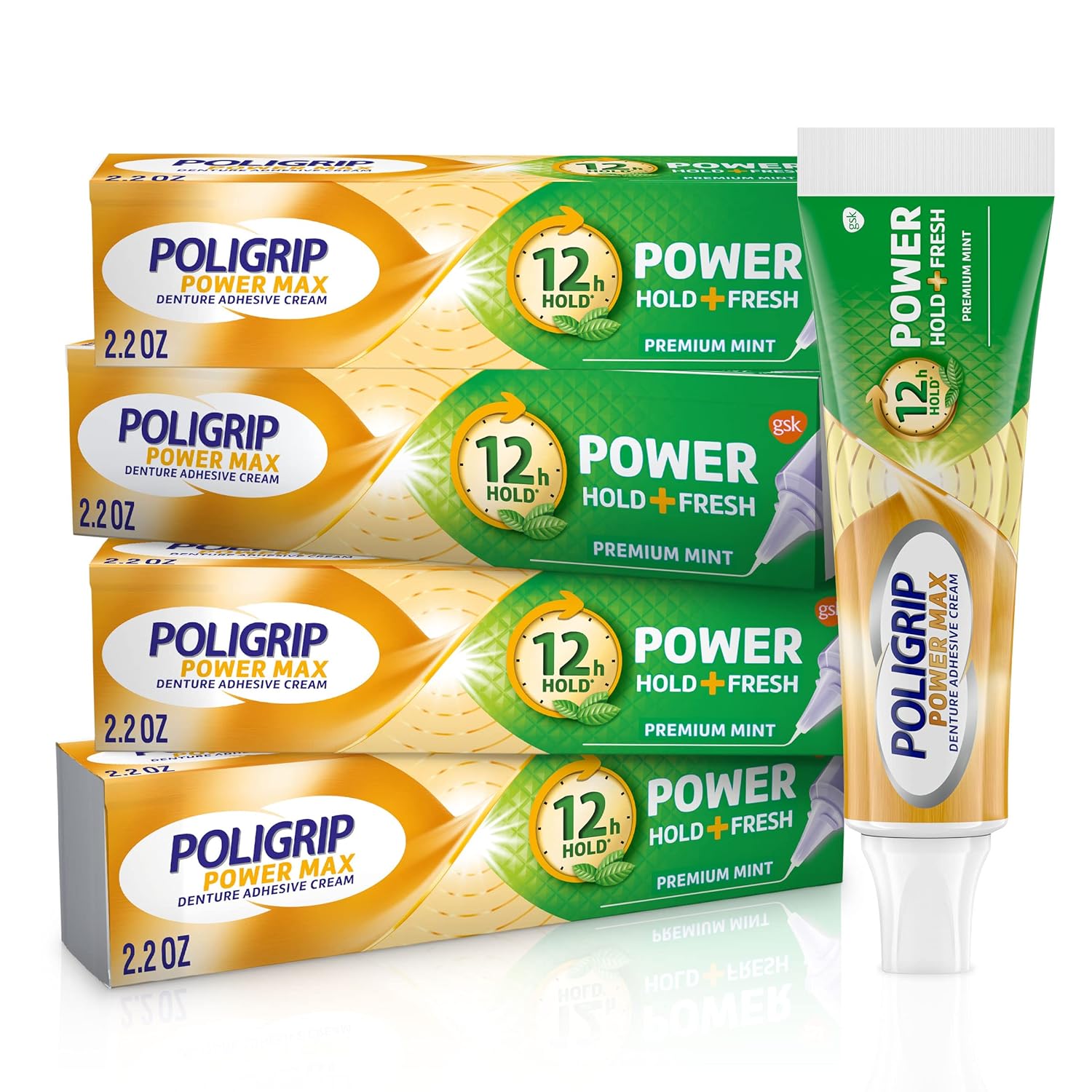 Super Poligrip Power Max Power Hold + Fresh Denture Cream, Premium Peppermint - 2.2 Oz X 4