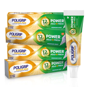 Super Poligrip Power Max Power Hold + Fresh Denture Cream, Premium Peppermint - 2.2 Oz X 4