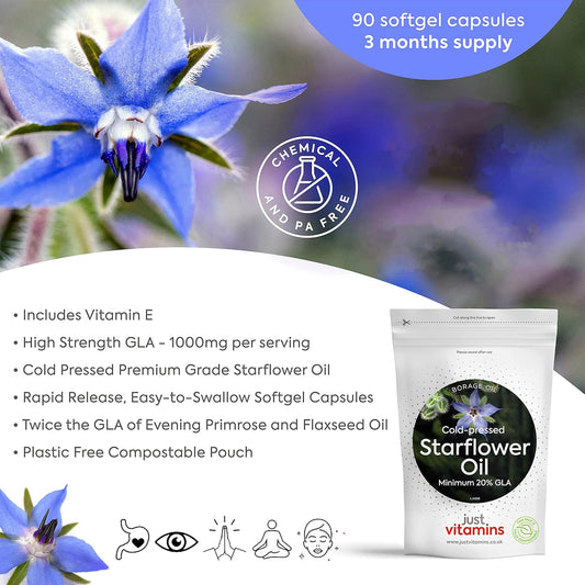 Starflower Oil Capsules 1000mg/Borage Oil x90 Soft Gels, Cold Pressed High Strength GLA with Vitamin E - 3 Month Supply - x2 The GLA Level of Evening Primrose Oil Capsules - UK Made Supplements