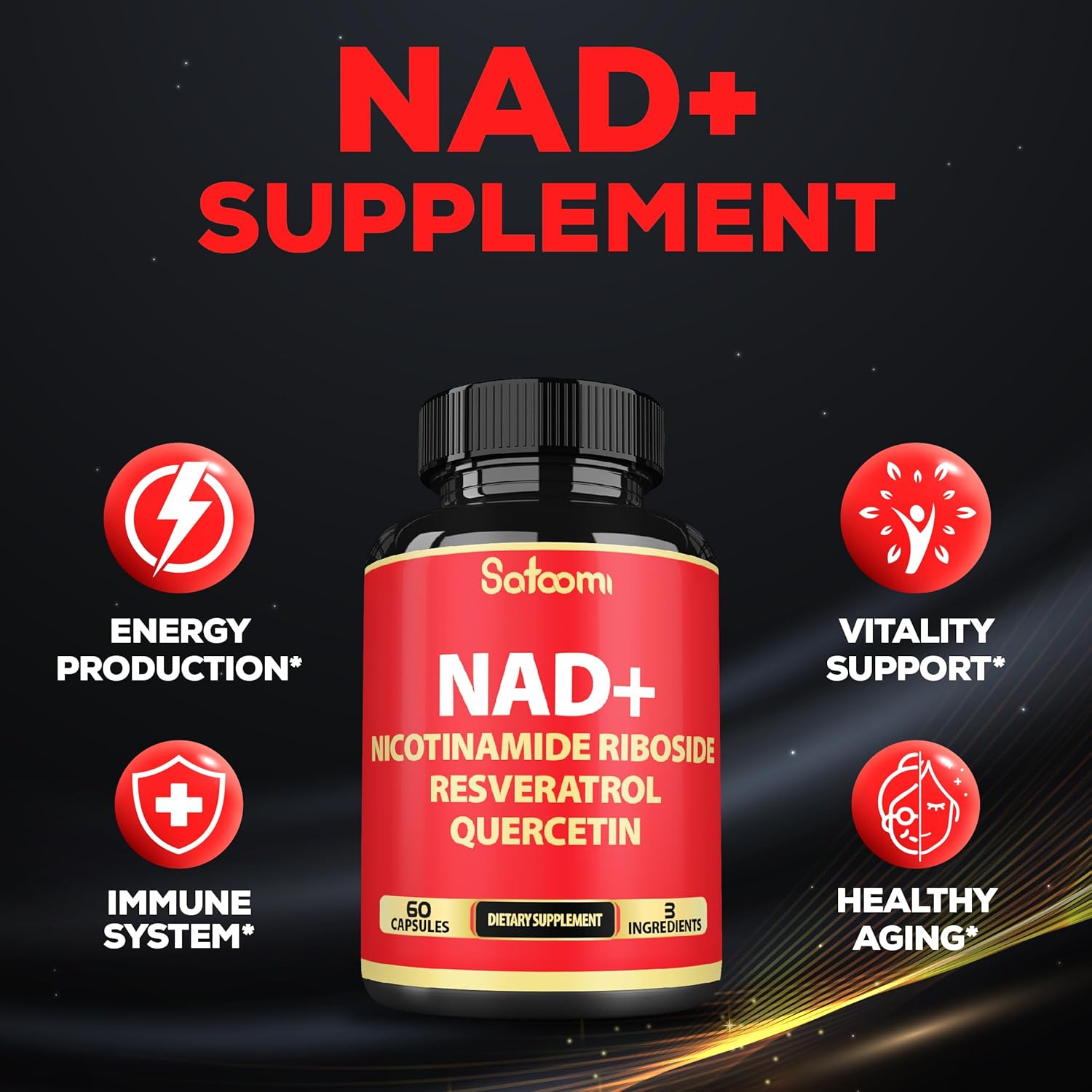 Satoomi Nad+ Supplement With Nicotinamide Riboside Nr, Resveratrol, Quercetin - 60 Count - 30 Days : Health & Household
