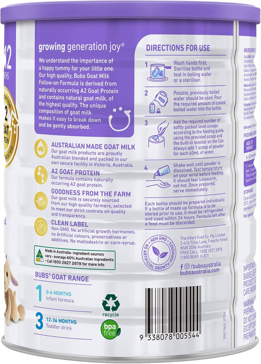 Bubs Goat Milk Follow On Formula Stage 2, Babies 6-12 Months, Made With Fresh Goat Milk, 28.2 Oz