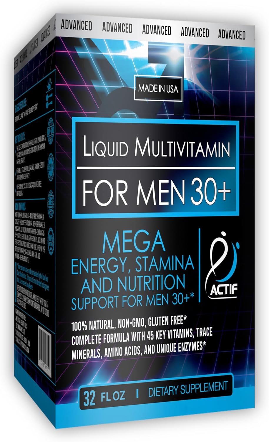 Actif Liquid Daily Multivitamin For Men Age 30+ With 40 Advanced Factors – Non Gmo, Made In Usa, 32Oz, Expiration: 05/2026