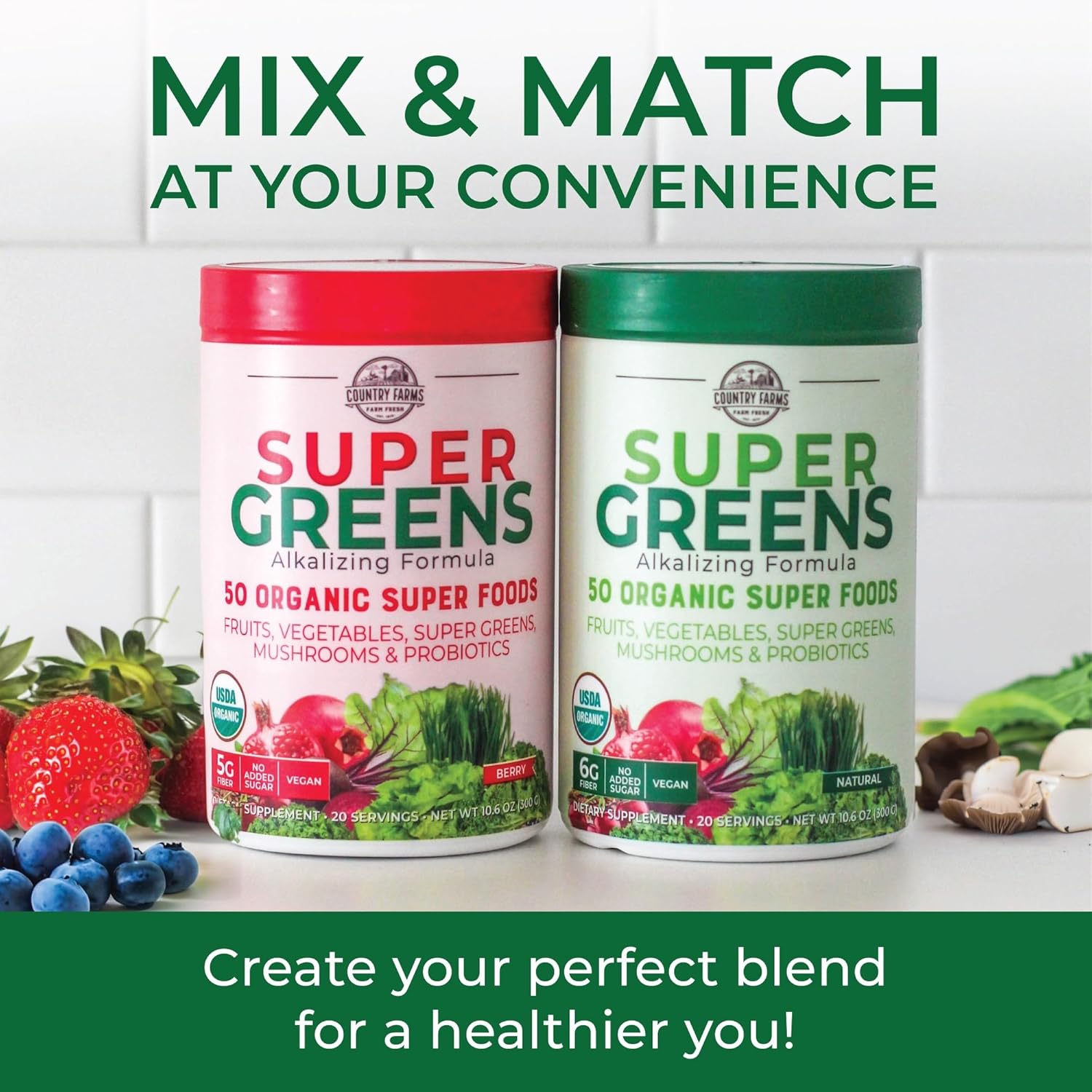 COUNTRY FARMS Super Greens Power Pack, 50 Organic Super Foods, Greens Powder with Probiotics for Gut Health & Bloating Relief, Supports Energy, Unflavored & Berry, 40 Serving : Health & Household