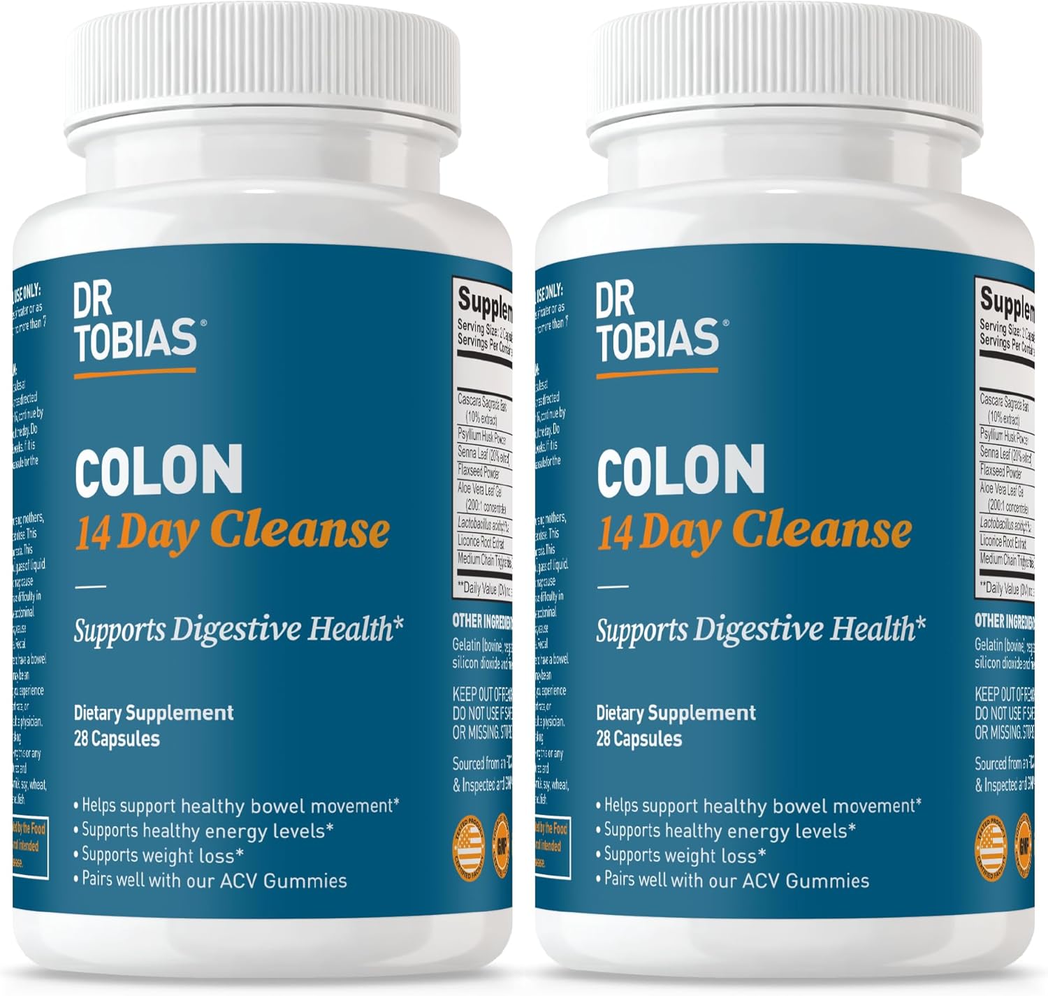 Dr. Tobias Colon 14 Day Cleanse, Advanced Gut Cleanse Detox For Women & Men With Cascara Sagrada, Psyllium Husk, Senna Leaf & Probiotics, Non-Gmo Colon Cleanse, 2 Bottles Of 28 Capsules (1-2 Daily)