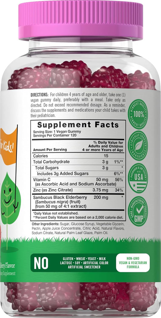 Carlyle Elderberry Gummies For Kids | 120 Count | Zinc And Vitamin C | Berry Flavor | Vegan, Non-Gmo, And Gluten Free | By Lil' Sprouts