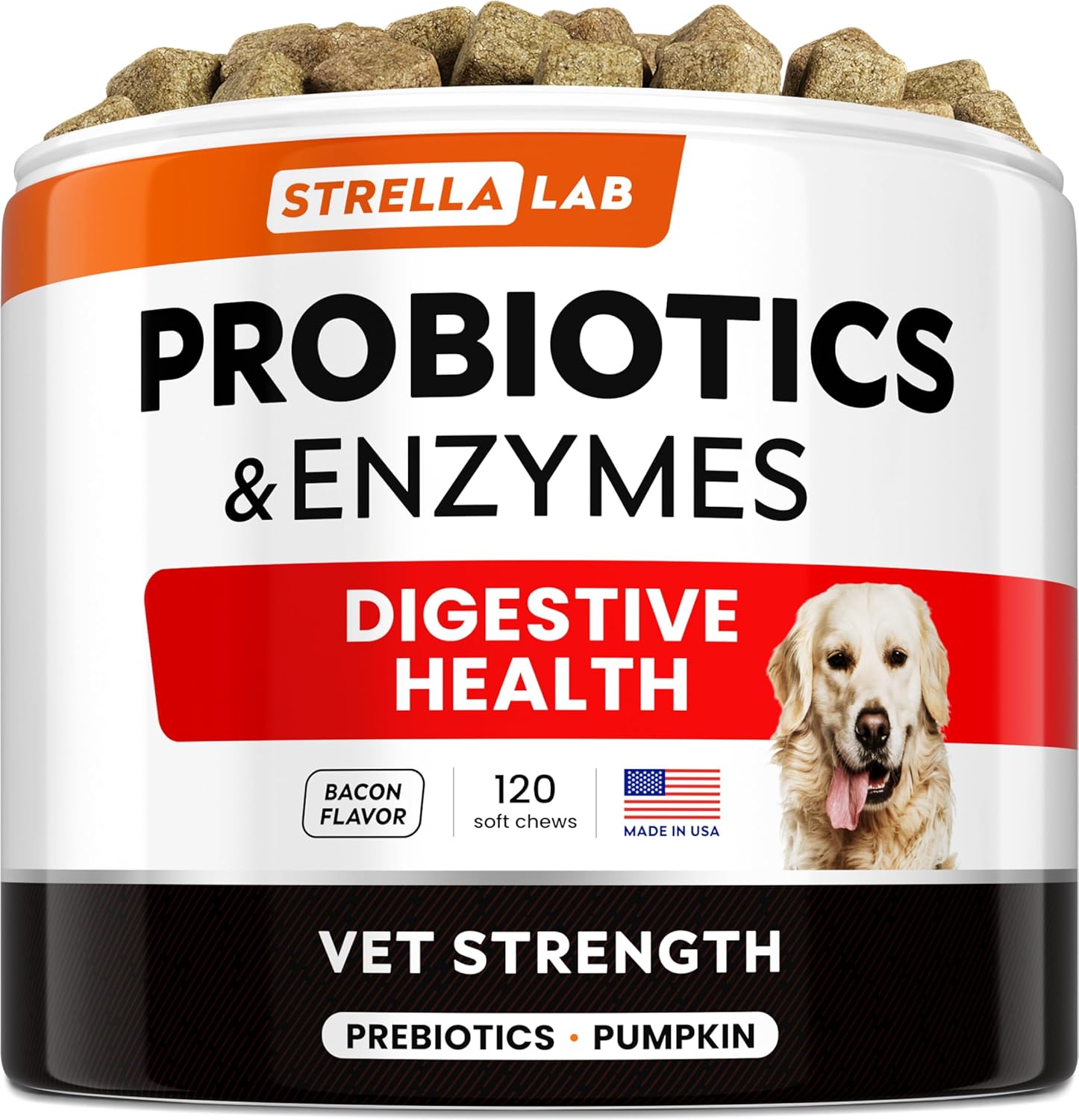 Strellalab Vet Strength Dog Probiotics Treats - 1 Billion Cfu + Digestive Enzymes + Prebiotics - Chewable Fiber Supplement W/Pumpkin - Allergy, Diarrhea, Gas, Constipation, Upset Stomach Relief