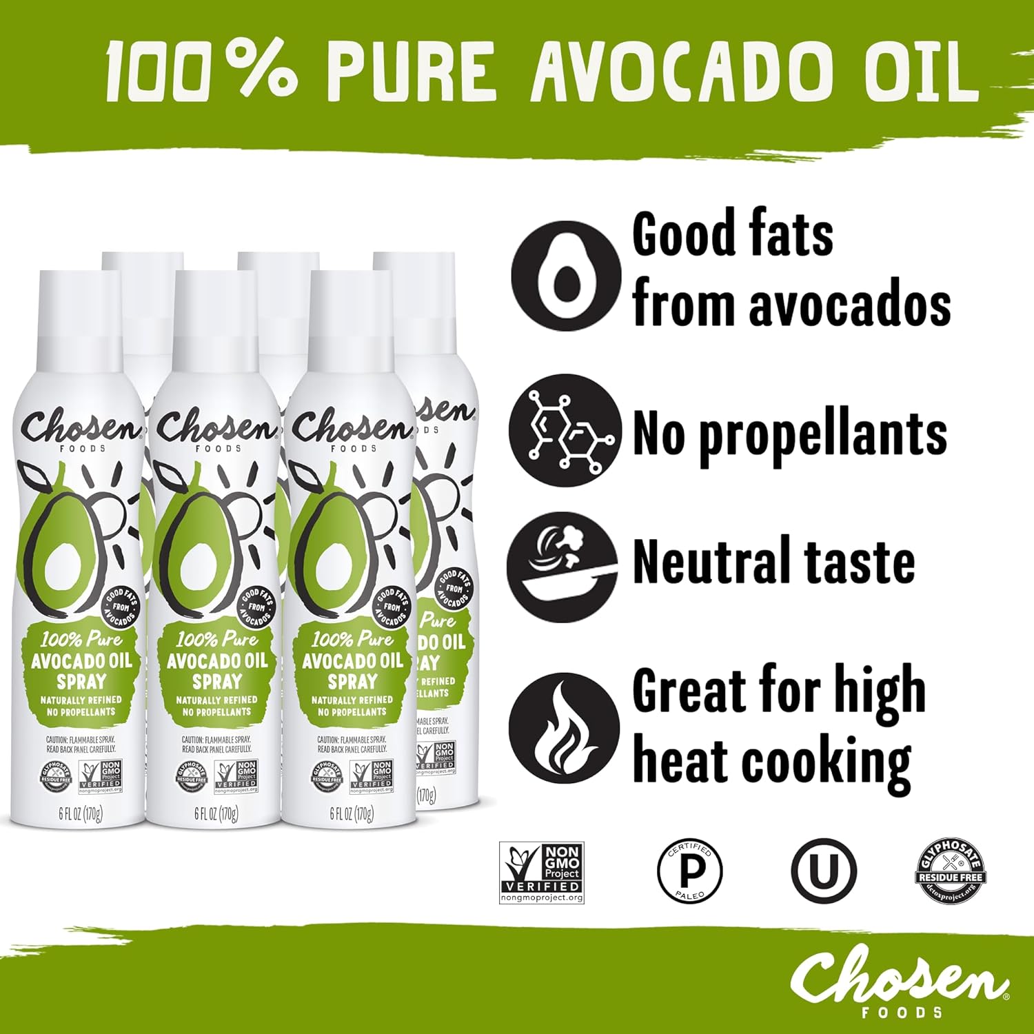 Chosen Foods 100% Pure Avocado Oil Spray, Keto And Paleo Diet Friendly, Kosher Cooking Spray For Baking, High-Heat Cooking And Frying (6 Oz, 6 Pack)