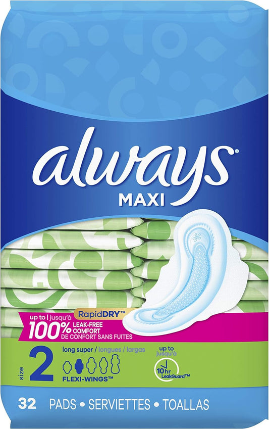 Always Maxi Unscented Pads with Wings, Long/Super 32 Count (Pack of 2)