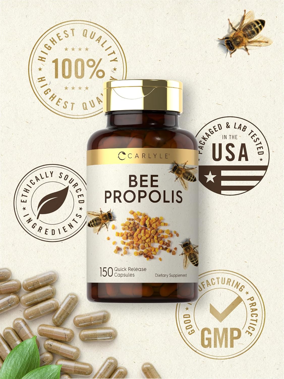 Carlyle Bee Propolis Capsules 600mg | 150 Count | Extract Supplement | Non-GMO, Gluten Free : Health & Household