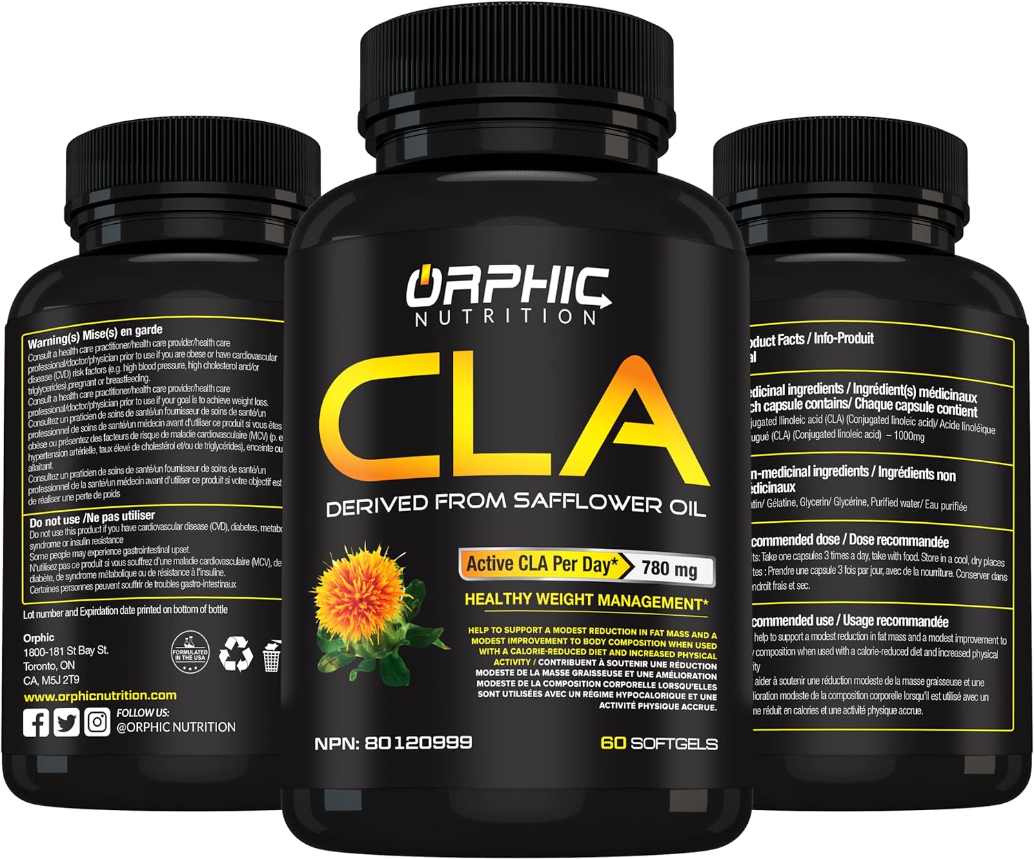 ORPHIC NUTRITION CLA Safflower Oil Supplement - Made with Safflower Oil - 780mg Non-Stimulant Conjugated Linoleic Acid for Men & Women* to Support Weight Loss Efforts and Metabolism* - 60 Softgels : Health & Household