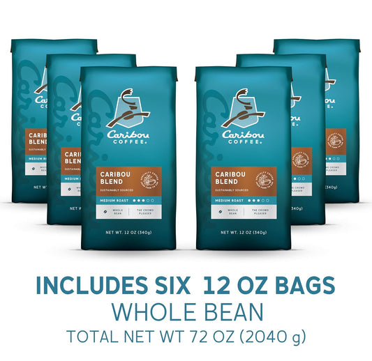 Caribou Coffee, Medium Roast Whole Bean Coffee - Caribou Blend 72 Ounces (6 Bags Of 12 Ounces)