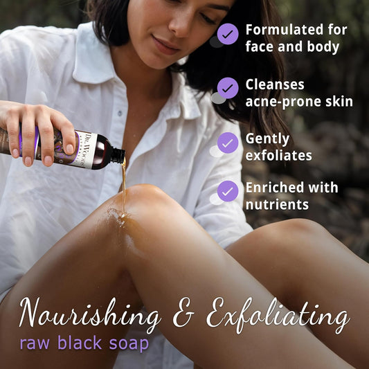 Dr. Woods Raw African Liquid Black Soap - Body Wash For Men And Women, Contains Organic Shea Butter, Gentle Exfoliant, Natural Cleanser For Face, Hands, And Body - 8 Fl Oz