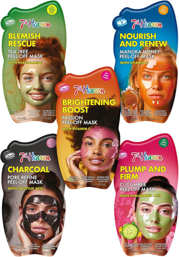 7Th Heaven Face Mask Multipack – Pack Of 5 Peel-Off Masks With Salicylic Acid, Vitamin C, Hyaluronic Acid, Tea Tree & Vitamin E– Cleansing, Brightening & Hydrating Skincare – Cruelty-Free Skincare