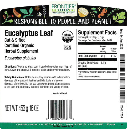 Frontier Eucalyptus Leaf Cut/Sifted Certified Organic, 16 Ounce Bag