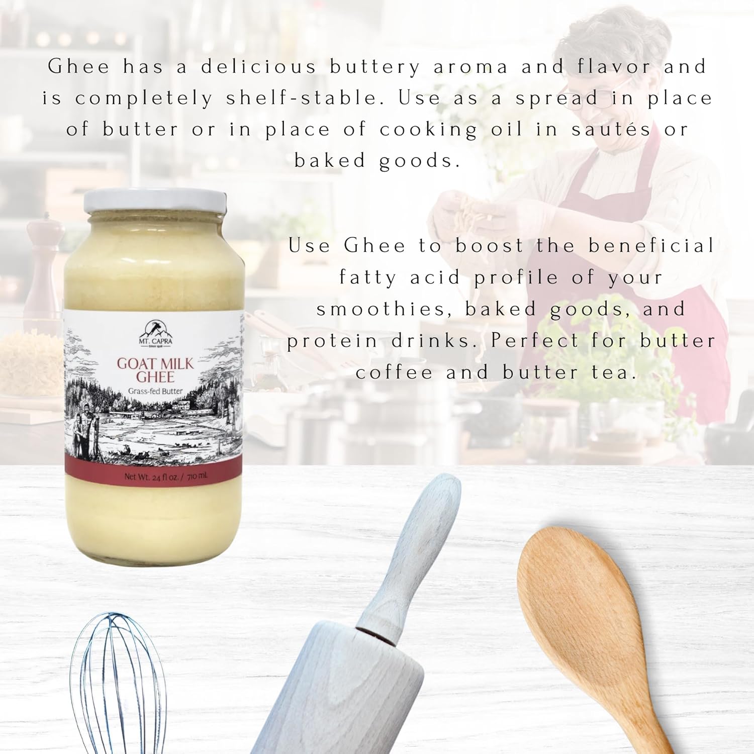 Mt. Capra Goat Milk Ghee | Grass-Fed Clarified Butter High In Mct Oil Perfect For Bulletproof Coffee, Keto, Paleo, And Whole 30 Diets | Pasture Raised And Unsalted | 142 Servings - 24 Fl Oz
