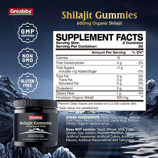 Shilajit Gummies For Men, Chewable Shilajit Supplement 600Mg With 85+ Trace Minerals, Fulvic Acid, Organic Himalayan Shilajit, Energy & Immune Support, 60 Count