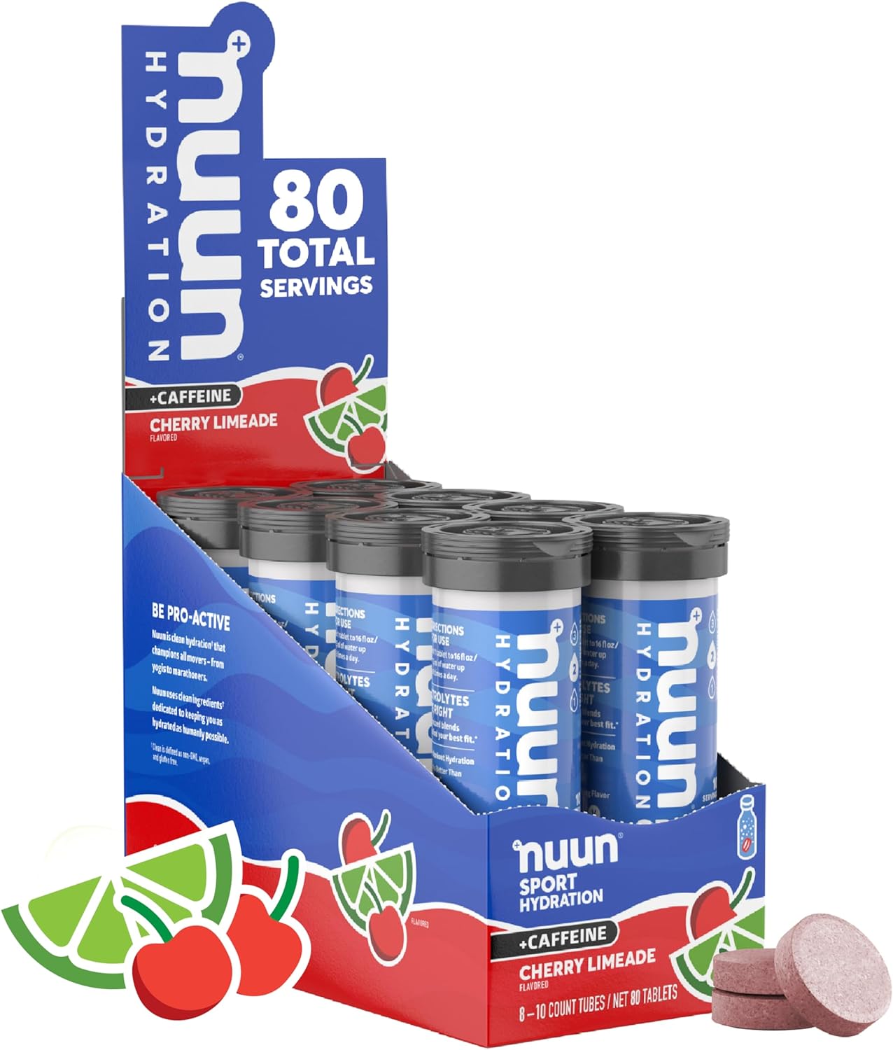 Nuun Sport + Caffeine Electrolyte Tablets For Proactive Hydration, Cherry Limeade, 8 Pack (80 Servings)