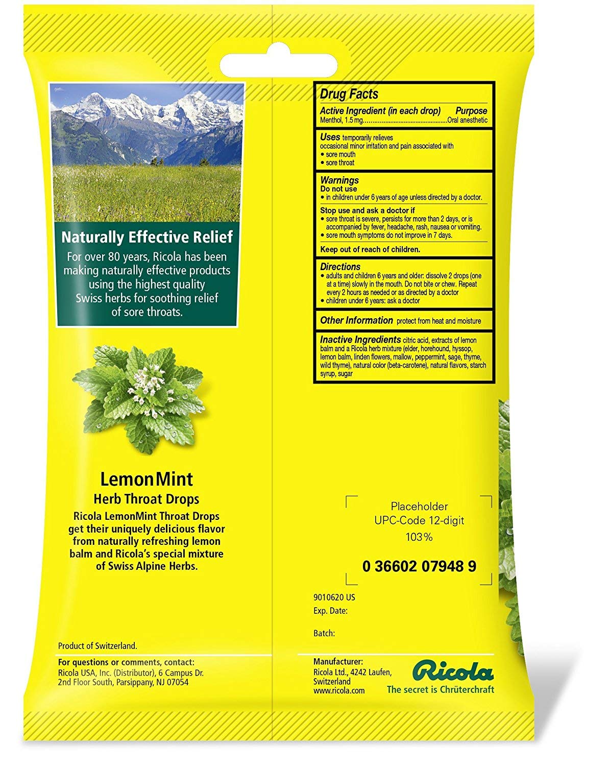 Ricola Herb Throat Drops Natural Lemon Mint 24 Each (Pack of 96)