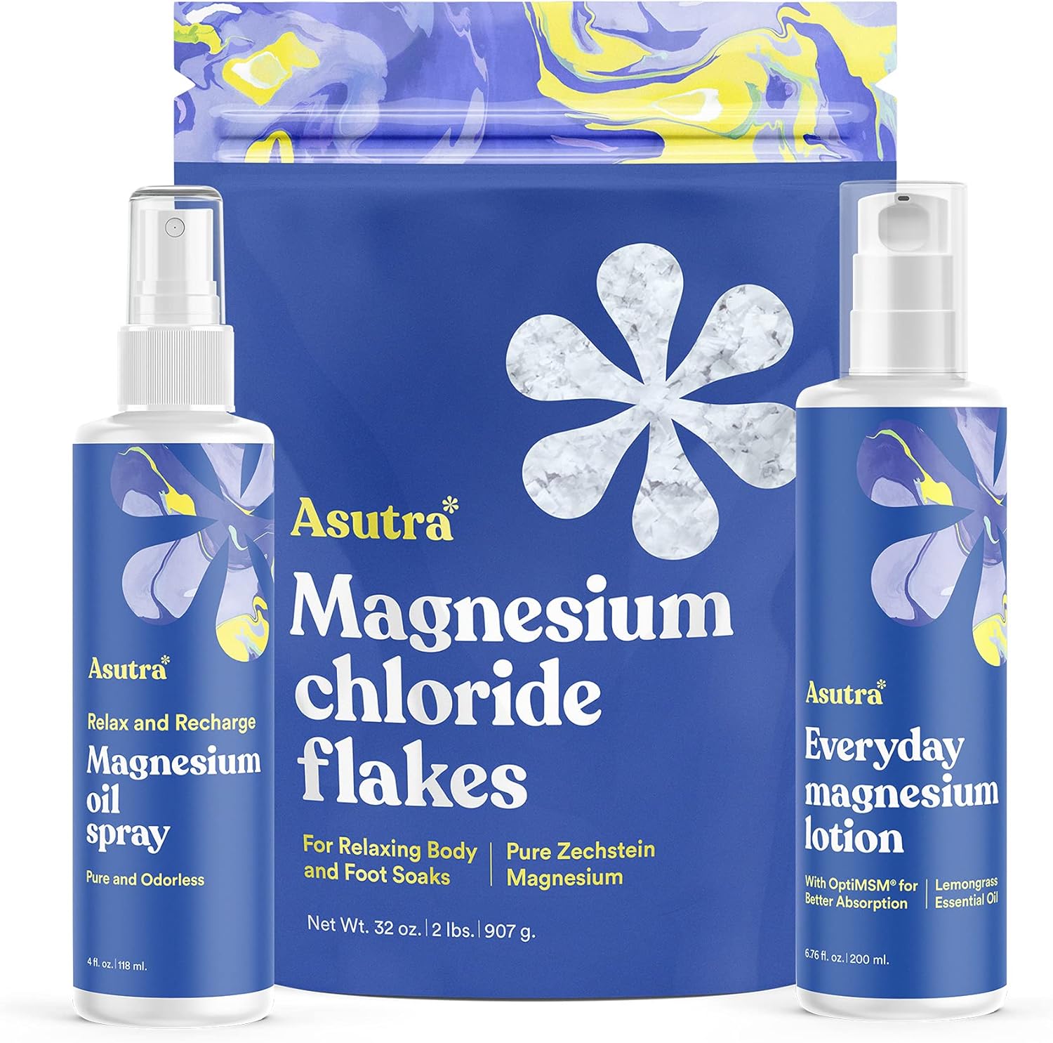 Asutra Ultimate Topical Magnesium Bundle, 4 Fl Oz Magnesium Oil Spray, 2 Lb Bag Of Bath Flakes, 6.76 Fl Oz Everyday Lotion, Derived From Zechstein Seabed