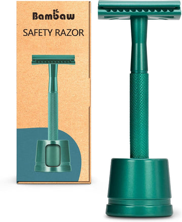 Metal Safety Razor With Stand | Sea Green Shaving Razor | Metal Razors For Men And Women | Bambaw