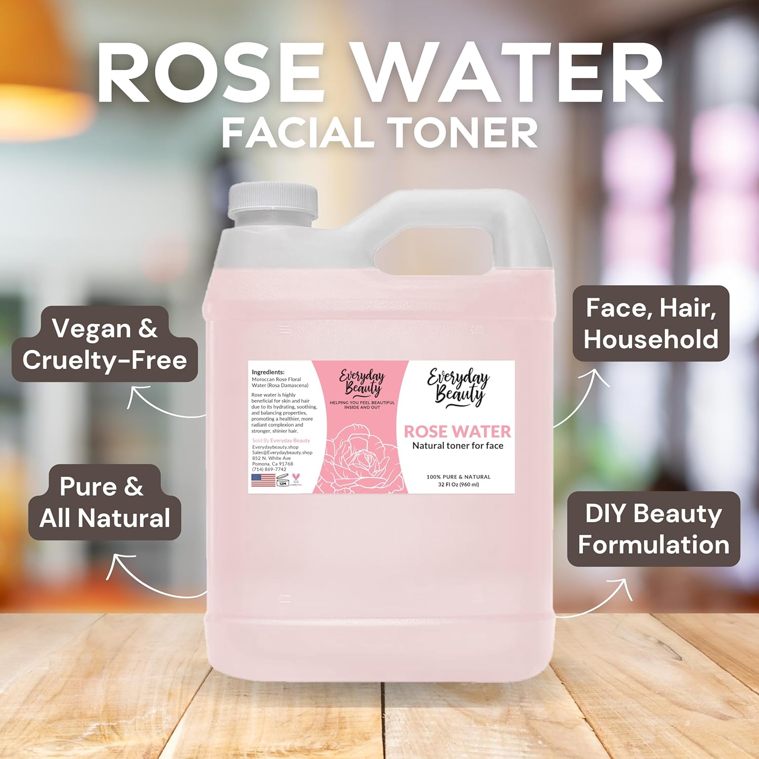 Rose Water Facial Toner - 32Oz Bulk Alcohol-Free Vegan All Natural Refreshing For Face And Hair - Uplifts, Calming & Soothing For All Skin Types : Beauty & Personal Care