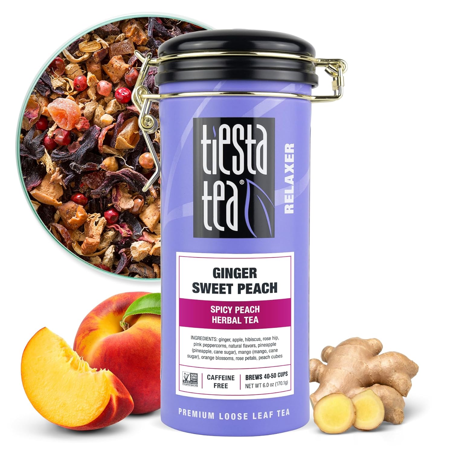 Tiesta Tea - Ginger Sweet Peach, Spicy Peach Herbal Tea, Premium Loose Leaf Tea Blend, Non Caffeinated Herbal Tea 50 Cups - 6 Ounce Refillable Tin