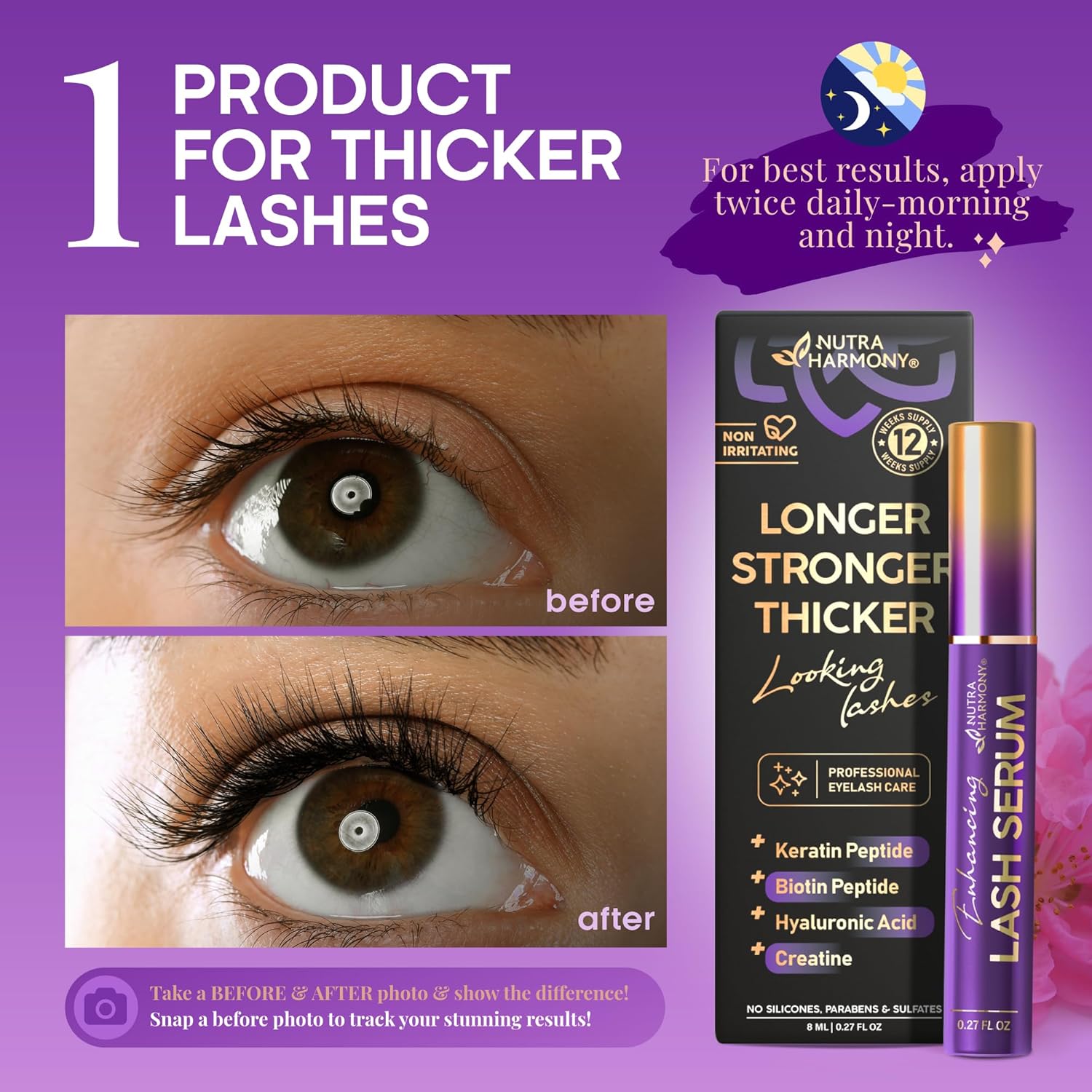 Enhancing Lash Serum For Eyelash Growth With Keratin And Biotin Peptides, Hyaluronic Acid, Creatine For Longer, Fuller, Thicker Lashes, Strength & Nourishment Treatment, Non-Irritating, Vegan, 8Ml : Beauty & Personal Care