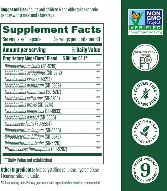 Megafood Megaflora Probiotics For Kids - Probiotics For Digestive Health - 5 Billion Cfus - Non-Gmo, Vegetarian, Made Without 9 Food Allergens - 60 Mini Capsules (60 Servings)