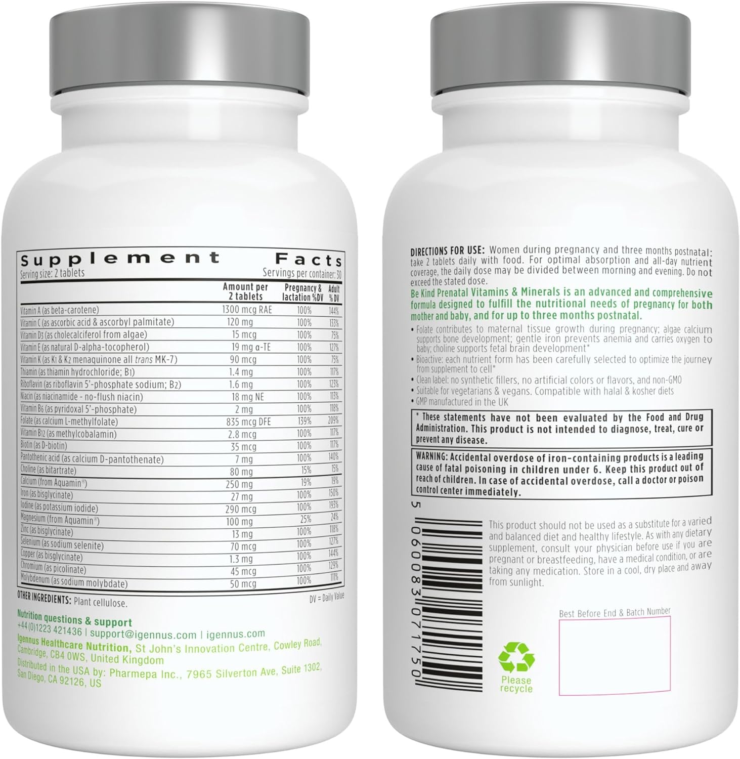 Methylated Prenatal Multivitamin, Folate for MTHFR, High Absorption, Clean Label, Gentle Iron, Choline, Natural Calcium & Magnesium, Vegan Vitamins for Pregnancy, 60 Tablets, by Igennus : Health & Household