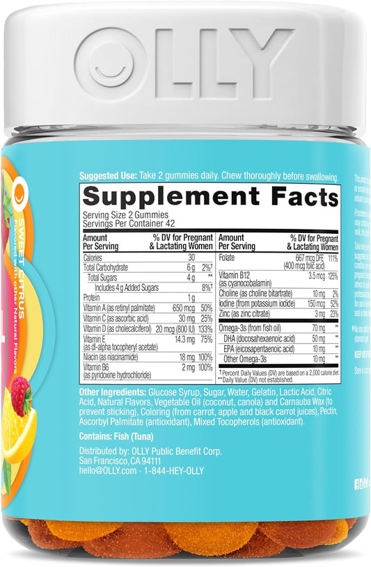 Olly Essential Prenatal Gummy Multivitamin, Folic Acid, Vitamin D, Omega 3 Dha, Supports Healthy Growth And Brain Development, Citrus Berry - 84 Count