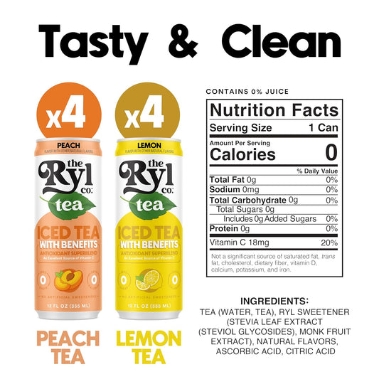 Ryl Iced Tea, Variety Fruit Pack, Peach Tea And Lemon Tea, 12.0 Fl Oz (8-Pack)
