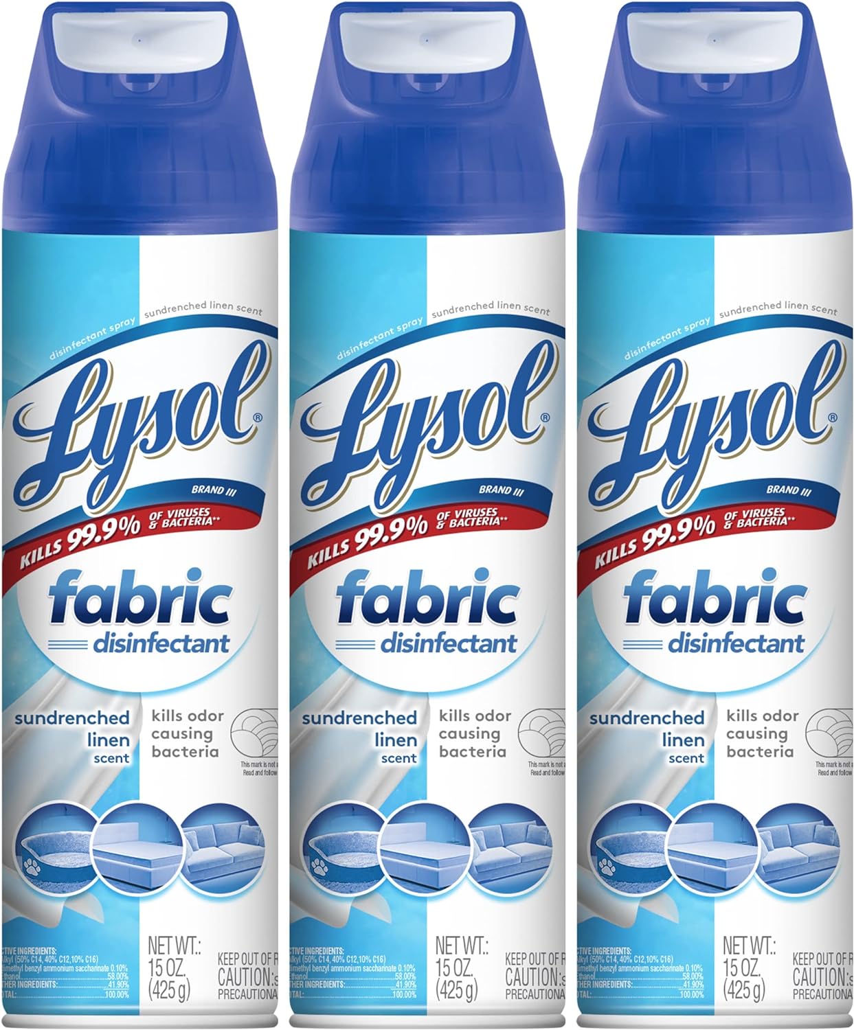 Lysol Fabric Disinfectant Spray, Sanitizing And Antibacterial Spray, For Disinfecting And Deodorizing Soft Furnishings, Sundrenched Linen 15 Fl. Oz (Pack Of 3)