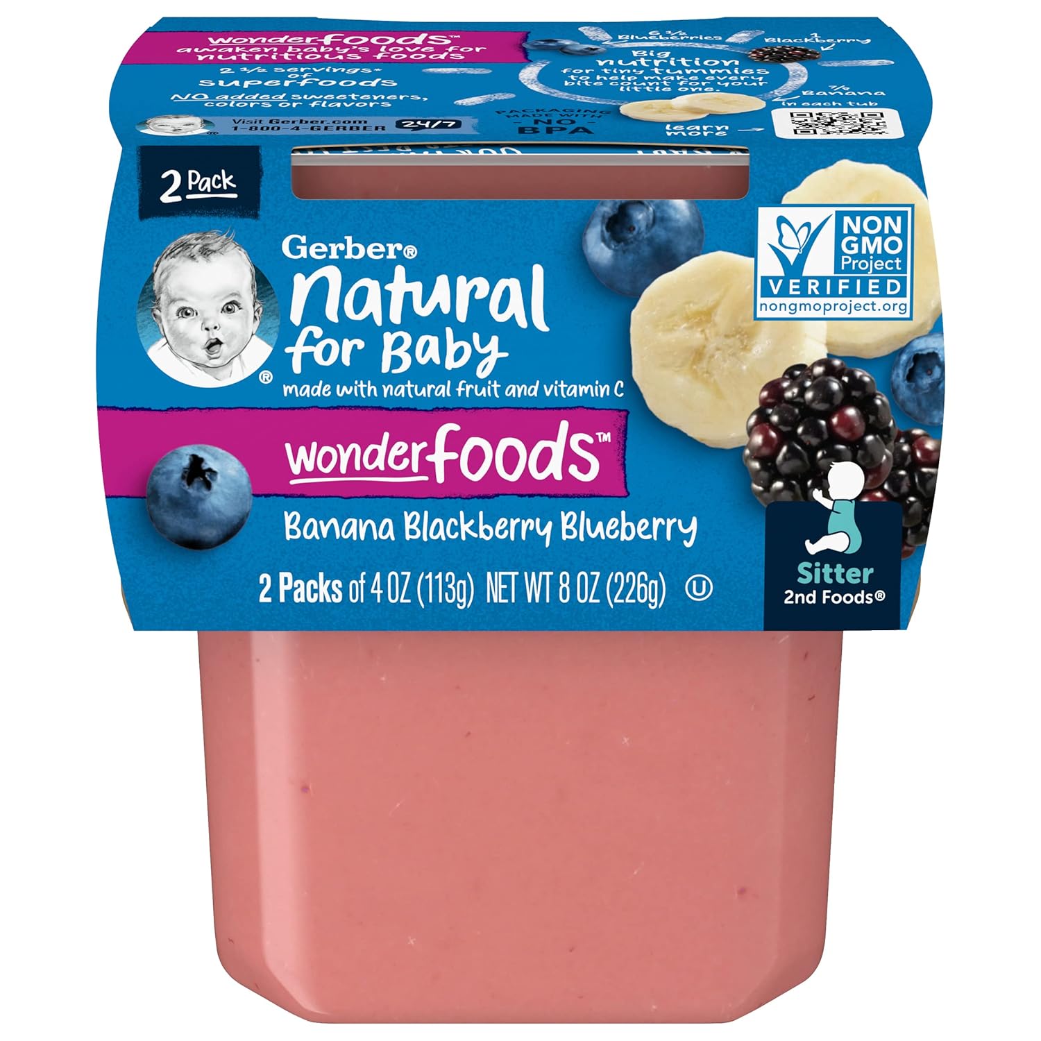 Gerber Wonder Baby Foods Banana Blackberry Blueberry, 4 Oz, 2 Ct Tubs