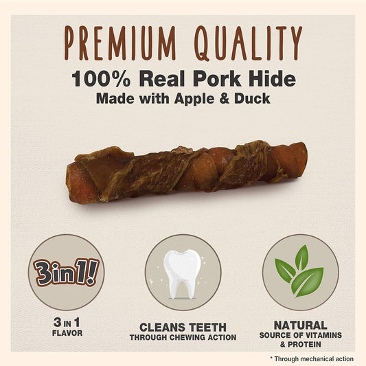 Cadet Gourmet Triple Chews Pork Hide, Apple, & Duck Dog Treats - Healthy Dog Treats For Small & Large Dogs - Inspected & Tested In Usa (6 Count)