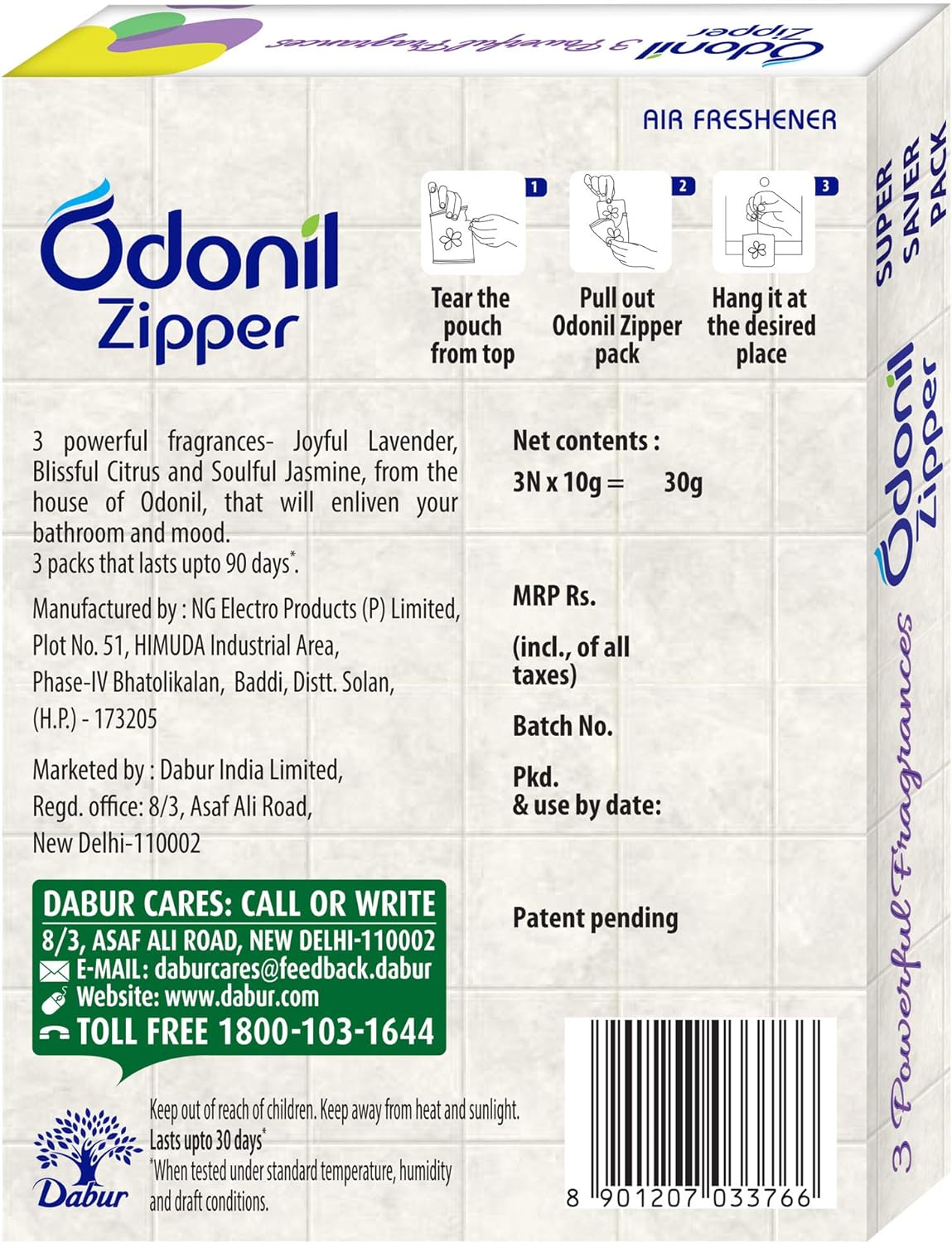 Odonil Air Freshener Zipper, 10g (Pack of 3) : Health & Household